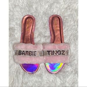 Metallic Pink Fur Bedazzled Slides